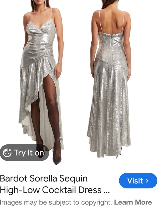 Bardot Dresses & Skirts - Bardot Silver Sequin Draped High-Low Evening Dress size XL